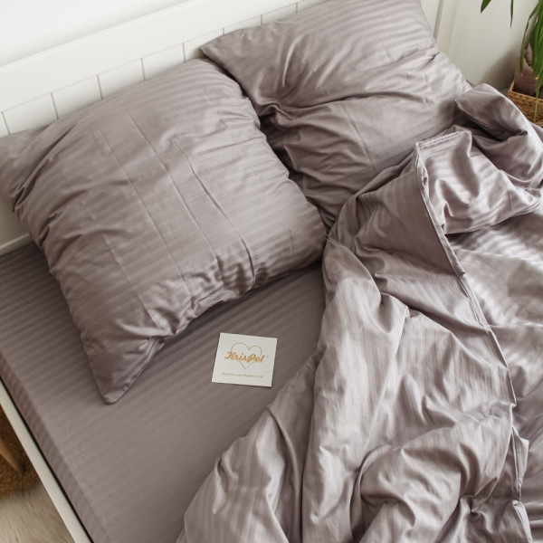 Двоспальна постільна білизна ™Кіт Муркіт, страйп-сатин на резинці 553802-2 Сірий туман